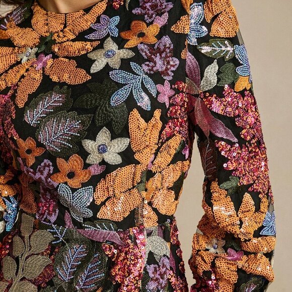 Black Elegant Women's Sequin Embroidered Print Long Sleeve Short Dress - Picture 6 of 7